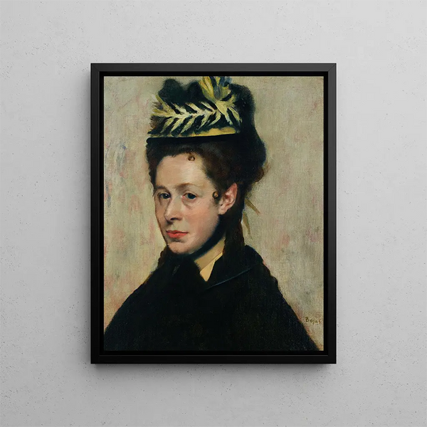 Naisen pääkuva höyhentä sisältävällä hatulla - Edgar Degas — kehystetty taideteos seinällä