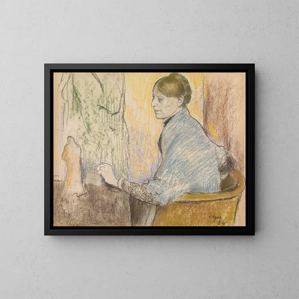 Madame Henri Rouart tuolissa pienen pöydän edessä, jossa Tanagra-figuuripatsas - Edgar Degas — kehystetty taideteos seinällä