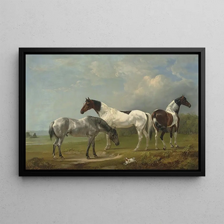 Edmund Bristow - Two Skewbalds a grey and spaniel in an extensive landscape a country house beyond.webp