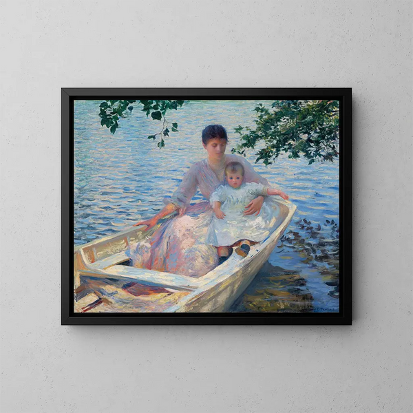 Äiti ja lapsi veneessä - Edmund Charles Tarbell — kehystetty taideteos seinällä