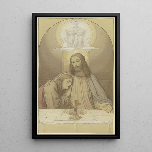 Eduard von Steinle - Christus mit dem Lieblingsjnger Johannes Halbfiguren am Tisch des letzten Abendmahles ber ihnen die Dreifaltigkeit.webp