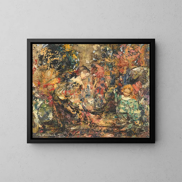 Tytöt kukkien kanssa - Edward Atkinson Hornel — kehystetty taideteos seinällä