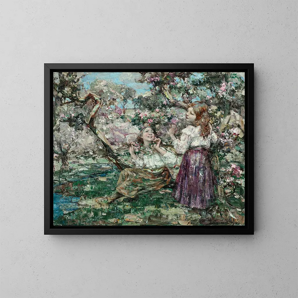 Tytöt kukkien keskellä - Edward Atkinson Hornel — kehystetty taideteos seinällä