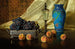 Luonnonkuva still life persikoilla ja viinirypäleillä hopealusikassa - Edward Chalmers Leavitt — näkymä teoksesta