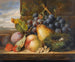 Luonnonkuva still life with a bird's nest, a pear, a peach, grapes, strawberries and plums - Edward Ladell — näkymä teoksesta
