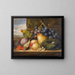 Luonnonkuva still life with a bird's nest, a pear, a peach, grapes, strawberries and plums - Edward Ladell — kehystetty taideteos seinällä