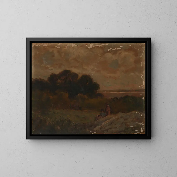 Maisema ilman otsikkoa kahden naisen makaa kallioilla - Edward Mitchell Bannister — kehystetty taideteos seinällä