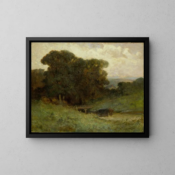 Metsänäkymän nimettömänä sillan ja lehmien kanssa purossa etualalla - Edward Mitchell Bannister — kehystetty taideteos seinällä