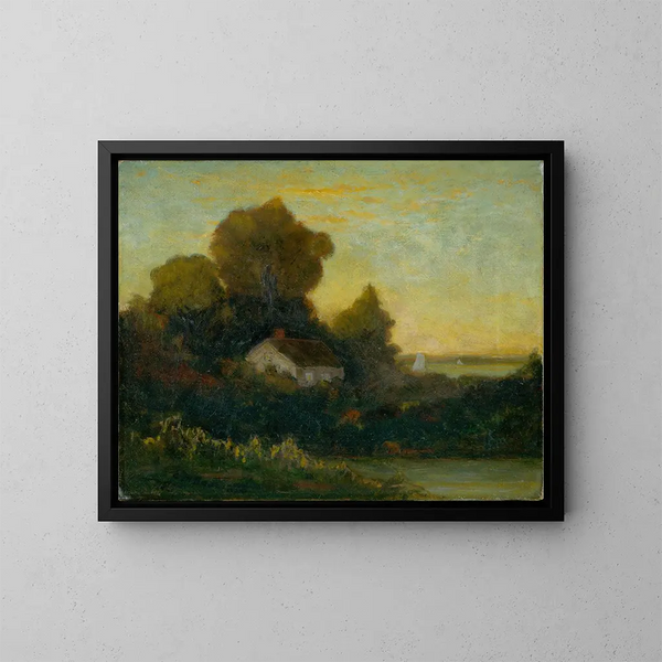 Talo ilman nimeä metsissä järven lähellä - Edward Mitchell Bannister — kehystetty taideteos seinällä