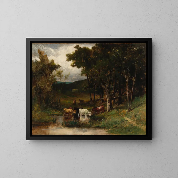 Maisemataulu ilman otsikko, jossa lehmiä joessa puiden lähellä - Edward Mitchell Bannister — kehystetty taideteos seinällä
