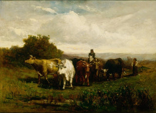Mies ilman nimeä ratsastaen, nainen jalkaisin johtamassa karjaa - Edward Mitchell Bannister — näkymä teoksesta