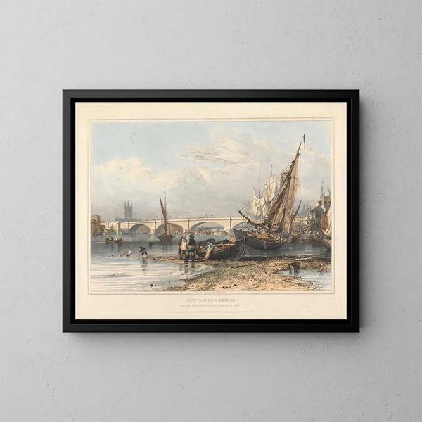 Uusi London Bridge -maalaus Billingsgate -alueelta - Edward William Cooke — kehystetty taideteos seinällä