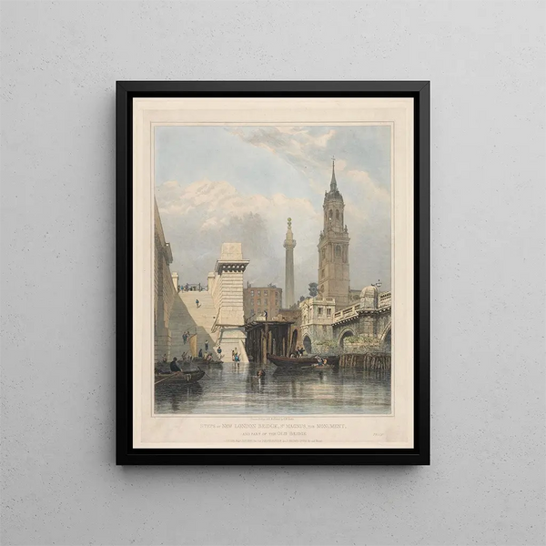 Marches du New London Bridge, St Magnus the Monument et une partie du Old Bridge - Edward William Cooke — kehystetty taideteos seinällä