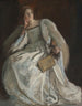 Nainen valkoinen istuu, oikea käsi leualla, pitäen viuhkaa - Edwin Austin Abbey — näkymä teoksesta
