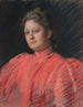 Muotokuva Mme Abbeyn vaaleanpunaisessa mekossa vyötärölle asti - Edwin Austin Abbey — näkymä teoksesta