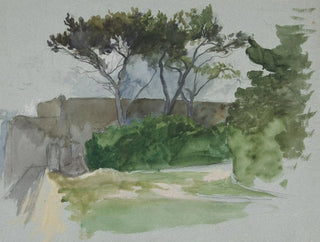 Edwin Austin Abbey - Study of landscape with trees and stone wall.webp