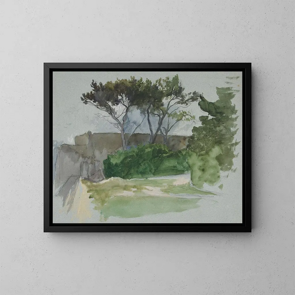 Edwin Austin Abbey - Study of landscape with trees and stone wall.webp