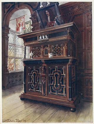 Edwin Foley - A cabinet of oak and walnut with ebony panels and columns inlaid with rosewood and ivory engraved.webp