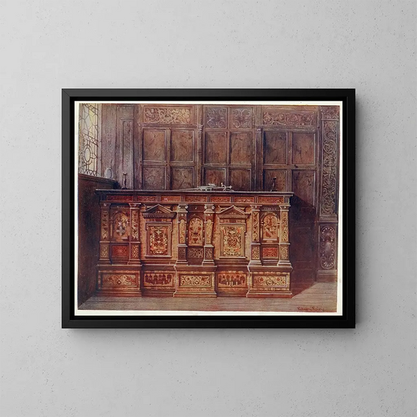 Coffre à munition incrusté offert par Sir Hugh Offley lorsqu'il était maire de Londres en 1556 à l'église Saint-Marie-Overie, maintenant cathédrale Saint-Sauveur de Southwark - Edwin Foley — kehystetty taideteos seinällä