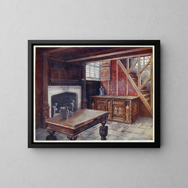 Coffre en marqueterie, table à dessin sculptée, manteau de cheminée sculpté, plus ancien papier peint anglais - Edwin Foley — kehystetty taideteos seinällä