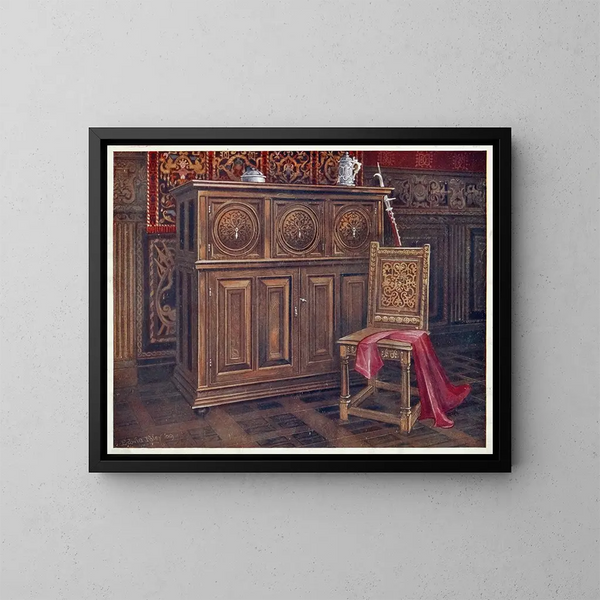 Chêne Cabinet Maalaus with convex circular panels, noyer armchair without arms with interlaced floral ornament on the back - Edwin Foley — kehystetty taideteos seinällä