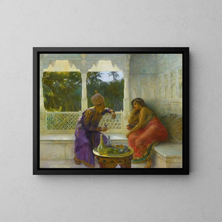 Figures dans un intérieur avec jardin de palmiers au-delà - Edwin Lord Weeks — kehystetty taideteos seinällä