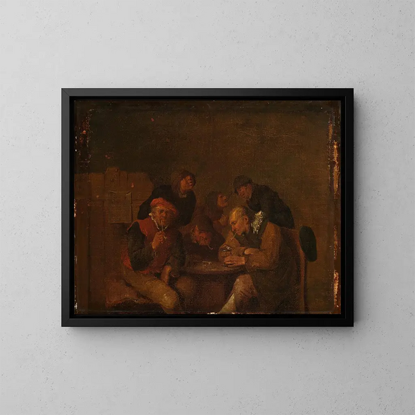 Kuusi miestä juomassa ja tupakoimassa salongissa - Egbert van Heemskerck — kehystetty taideteos seinällä
