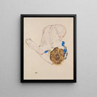 Nu maalaus sinisissä sukkahousuissa eteenpäin kumartuneena - Egon Schiele — kehystetty taideteos seinällä