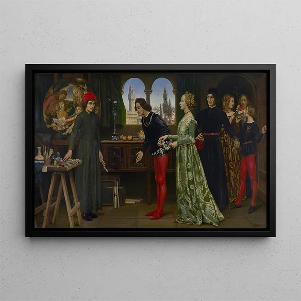 Botticellin ateljee-: Simonetan ensimmäinen vierailu, esitetty Giulio ja Lorenzo de Médicis - Eleanor Fortescue-Brickdale — kehystetty taideteos seinällä