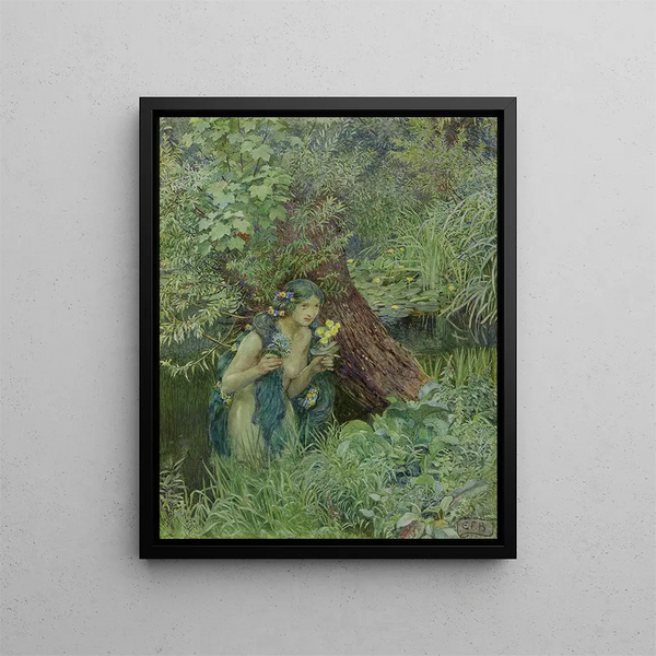 kauniista vihertävistä hiuksista, jotka ovat täysin vapaat ja auki - Eleanor Fortescue-Brickdale — kehystetty taideteos seinällä