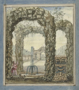 Elias van Nijmegen - Ontwerp voor een kamerbeschildering met stenen bogen met een fontein en zicht op een tuin.webp