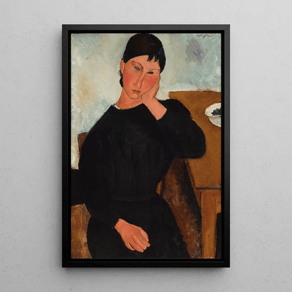 Maalauksen jäljennös Elvire istuu pöydän ääressä, nojaten pöytään - Amedeo Modigliani
