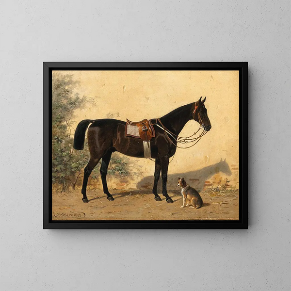 Un cheval noir avec un chien - Emil Volkers — kehystetty taideteos seinällä
