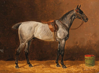 Emil Volkers - A saddled horse in a stable.webp