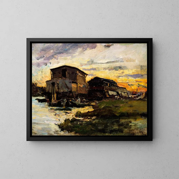 Bateau-lavoir sur la Seine aux environs de Paris - Émile Antoine Guillier — kehystetty taideteos seinällä