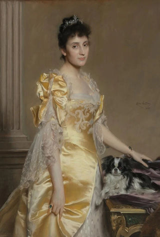 Emile Charles Wauters - Portrait of an elegant woman with a Papillon spaniel.webp