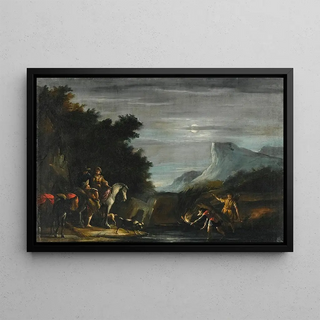 Emilian School - A Moonlit Scene With Travellers Crossing A Stream.webp