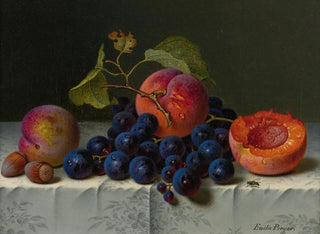 luonnollisesta still life - persikoita, viinirypäleitä ja pähkinöitä pöydällä - Emilie Preyer — näkymä teoksesta