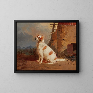 English School - A spaniel seated outside of a barn.webp