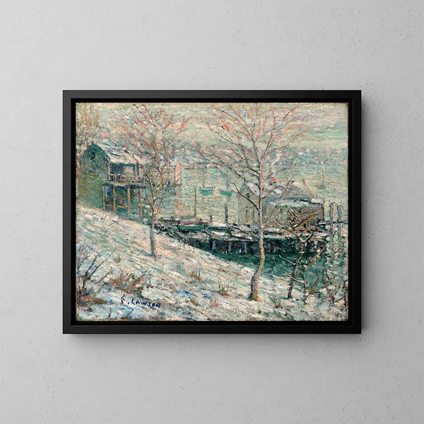 Talvimaisema Harlem-joella - Ernest Lawson — kehystetty taideteos seinällä
