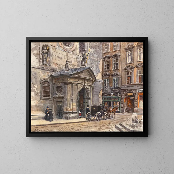 Un fiacre près de l'église des Franciscains - Ernst Graner — kehystetty taideteos seinällä