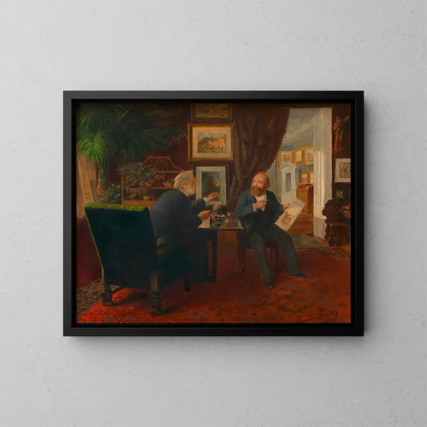 Ludwig Anzengruber vierailee Rudolf von Altin luona - Ernst Juch — kehystetty taideteos seinällä