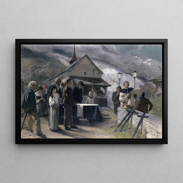 Hautajaiset maanvyörymän jälkeen Spiringen Uri 1887 - Ernst Stückelberg — kehystetty taideteos seinällä