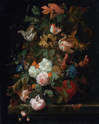 Ernst Stuven - Still Life Of Flowers In A Glass Vase With A Butterfly All On A Ledge.webp