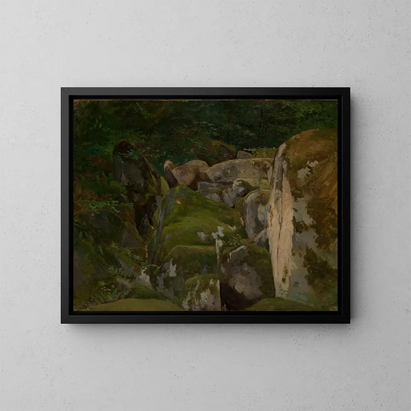 Rochers moussus dans la vallée forestière - Eugen Bracht — kehystetty taideteos seinällä