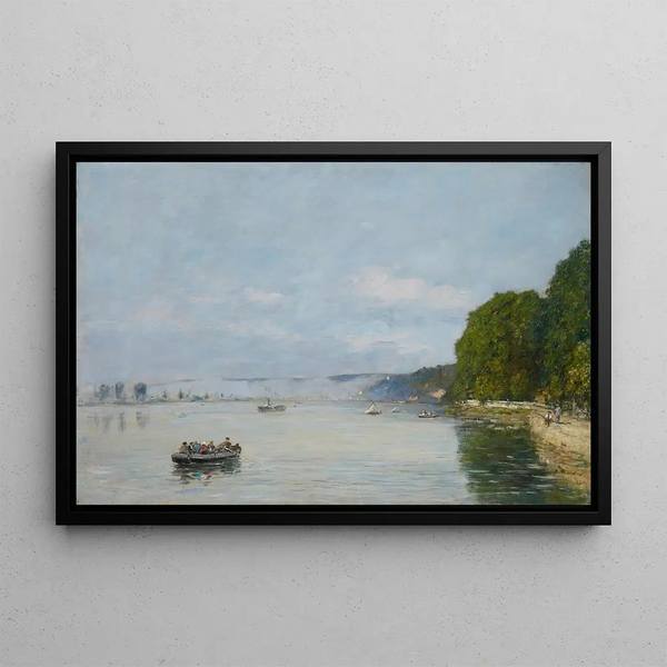 Caudebec-en-Caux-maalaus, veneitä Seine-joella - Eugène Boudin — kehystetty taideteos seinällä