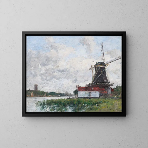 Moulin sur les bords de la Meuse à Dordrecht - Eugène Boudin — kehystetty taideteos seinällä