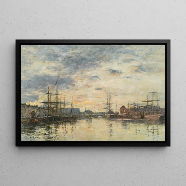 Fécampin maalaus, satama auringonlaskussa - Eugène Boudin — kehystetty taideteos seinällä