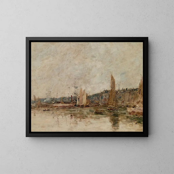 Honfleurin maalaus, satama aamulla - Eugène Boudin — kehystetty taideteos seinällä