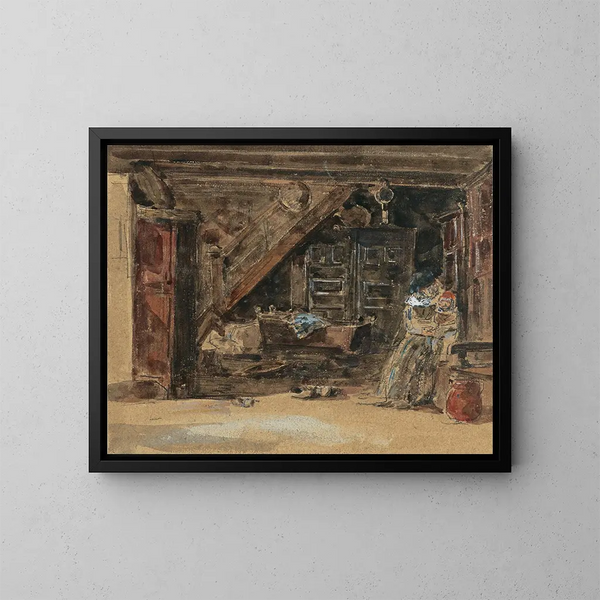 Bretonin sisämaalaus, akvarelli - Eugène Boudin — kehystetty taideteos seinällä